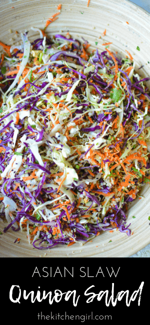 bamboo bowl of Asian slaw with recipe title banner across bottom of image