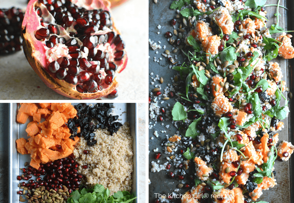 open faced pomegranate, tray of salad ingredients, scattered sweet potato salad on tray