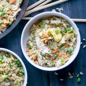 Healthy chicken fried rice recipe with brown rice [or white], fresh vegetables, and reduced sodium soy sauce! Skip the Takeout Chicken Fried Brown Rice. thekitchengirl.com #lowsodium #chinesefood #friedrice #chickenfriedrice #glutenfreefriendly