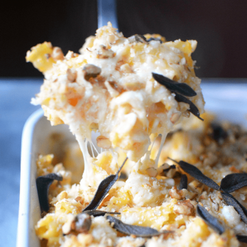 Lightened up Butternut Squash Baked Mac and Cheese made with 1% milk and less fat cream cheese. thekitchengirl.com #bakedmacandcheese #macncheese #butternutsquash #macandcheese