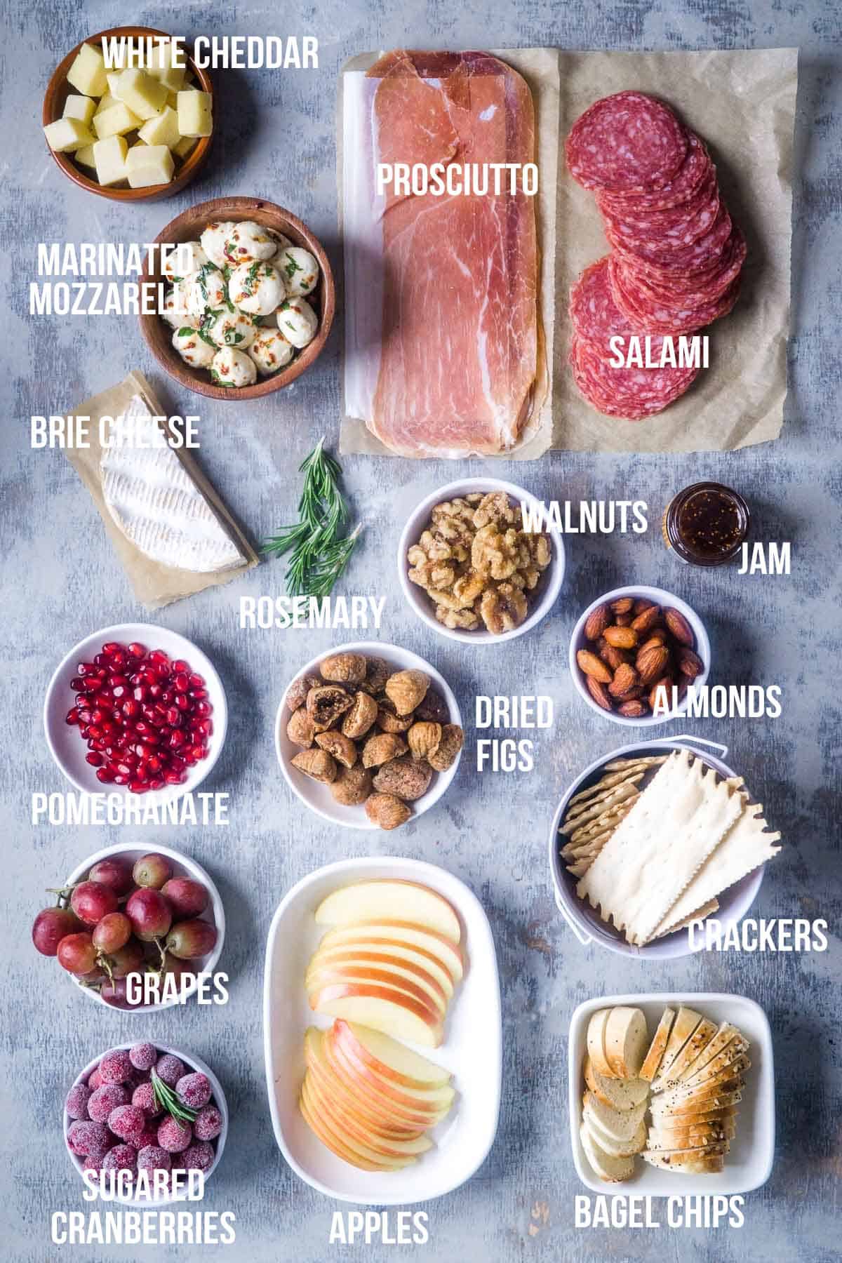 labeled Christmas charcuterie board items