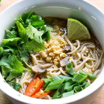 Feed a cold with Feel Better Pho. Easy, 15 min, Vegan, Asian-inspired soup on thekitchengirl.com #asianpho #pho #coldandflu #coldsymptoms #easysoup #vegansoup #getwellsoup