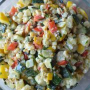 Too much zucchini? Grab this zesty, savory Grilled Zucchini Corn Salad with Feta Dressing. Vegetarian, GF, easy, and fast! thekitchengirl.com