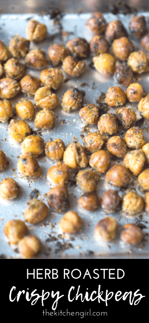 herb roasted chickpeas on baking sheet with title text (bottom of image)