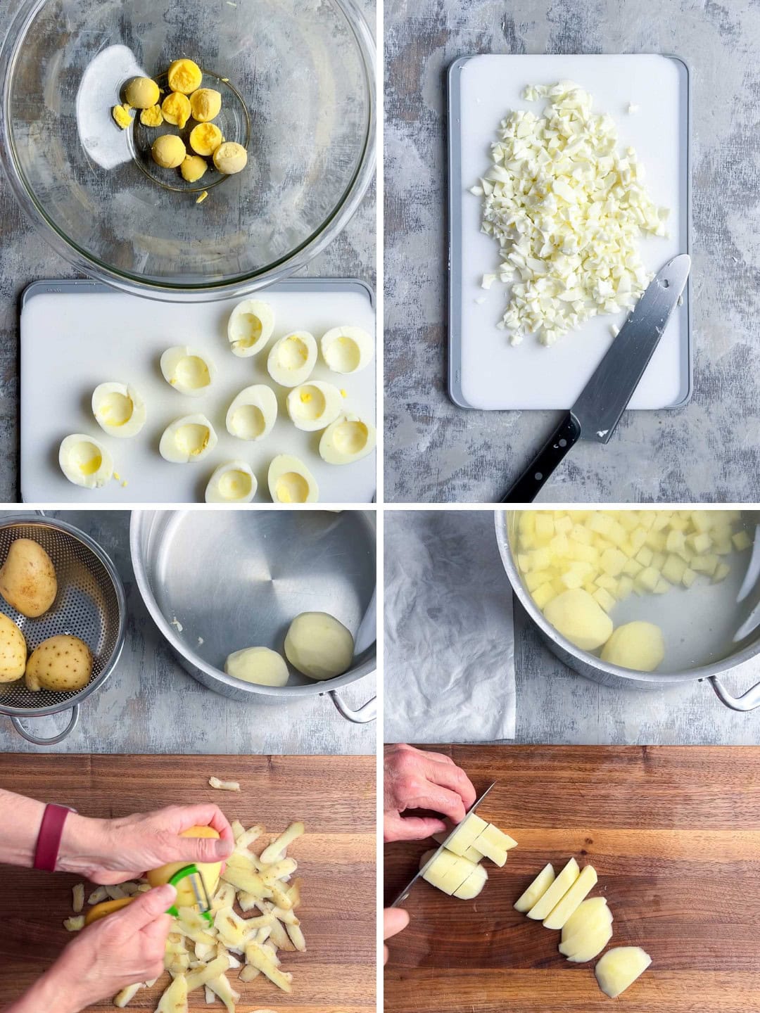 A four-step collage showing hard-boiled eggs being peeled and chopped for a deviled egg potato salad, then potatoes being peeled, chopped, and placed in a pot of water.