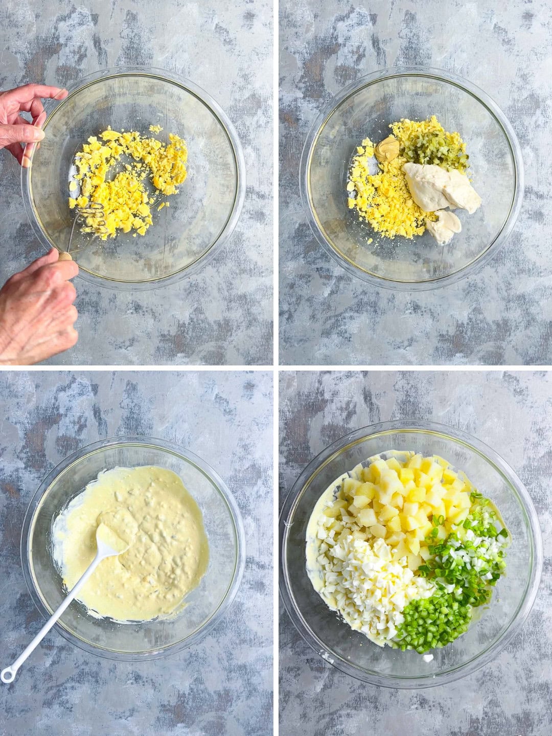 Four-step collage showing deviled egg potato salad preparation: mixing chopped eggs and seasonings, adding mayonnaise, mustard, and relish, combining ingredients, and adding potatoes, chopped egg whites, celery, and green onions in a glass bowl.