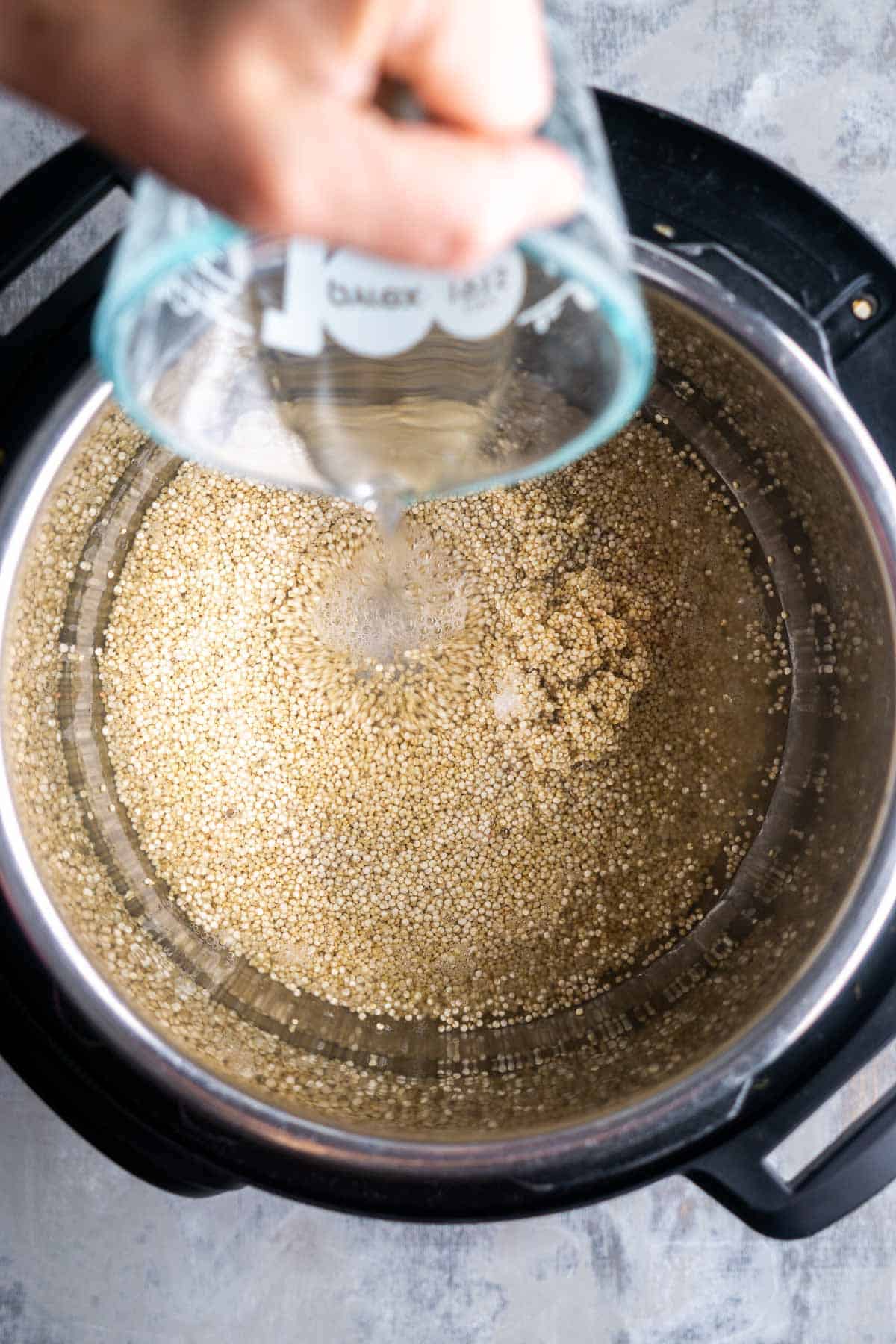 water is being added to uncooked quinoa in the Instant Pot