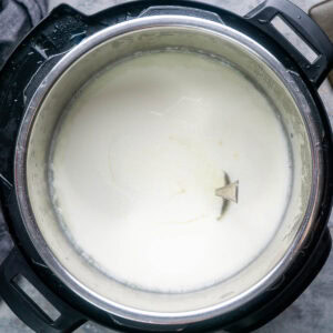 A spoon stands upright in yogurt in the Instant Pot to confirm the yogurt has fully set up.