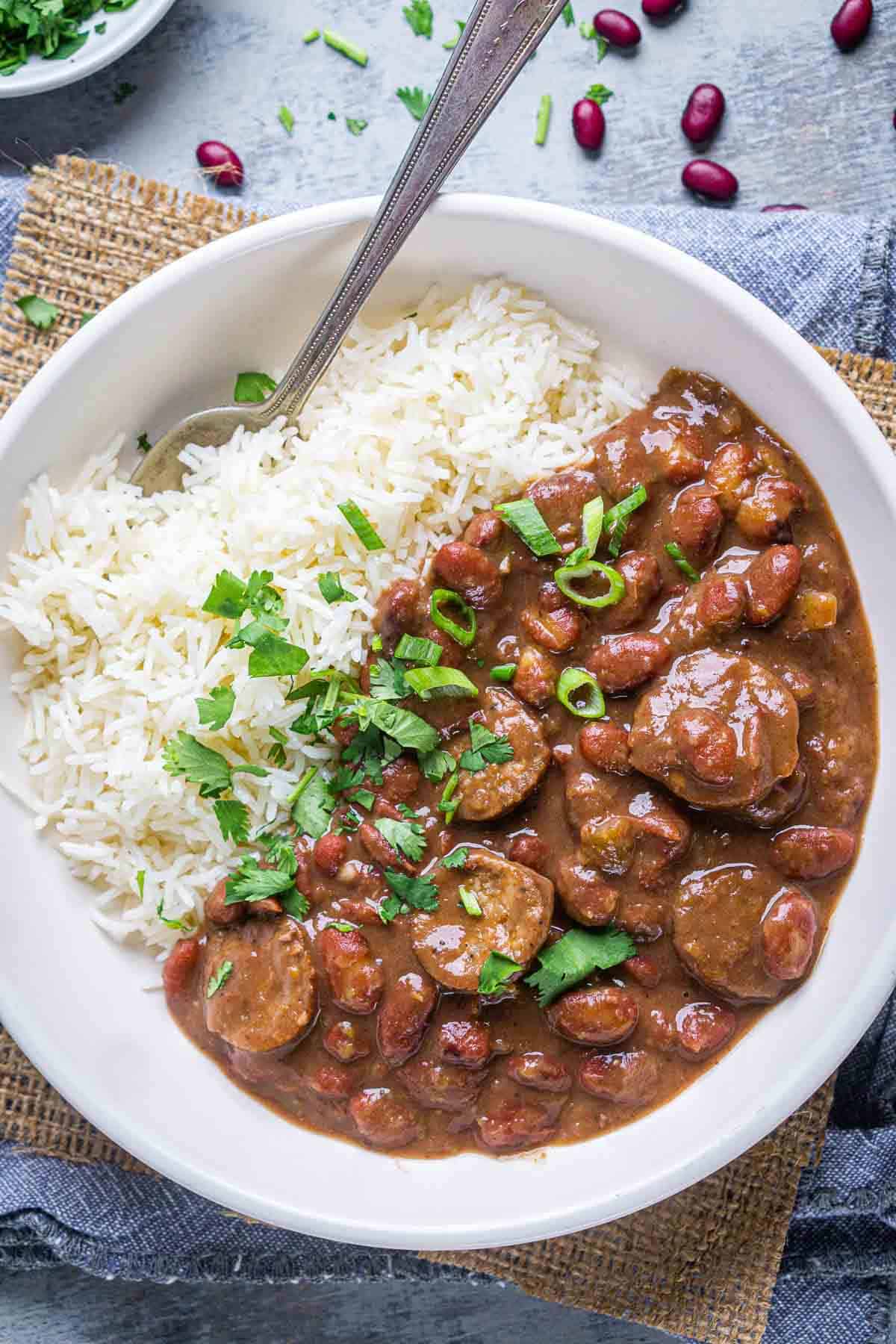Instant Pot red beans and rice in white bowl