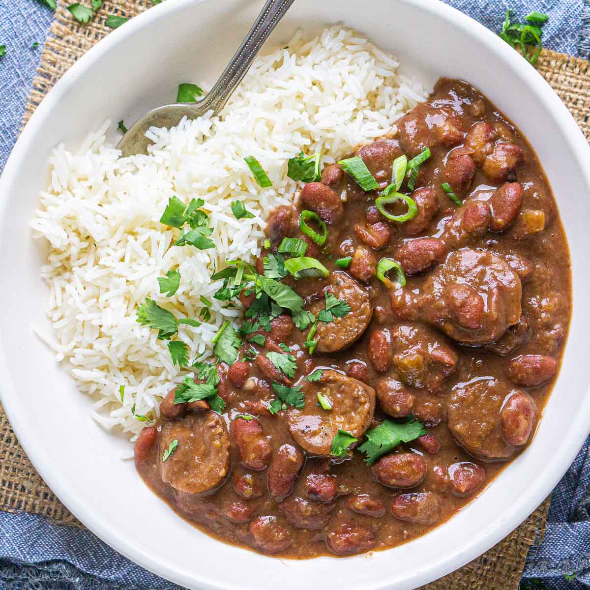 Instant Pot red beans and rice in white bowl