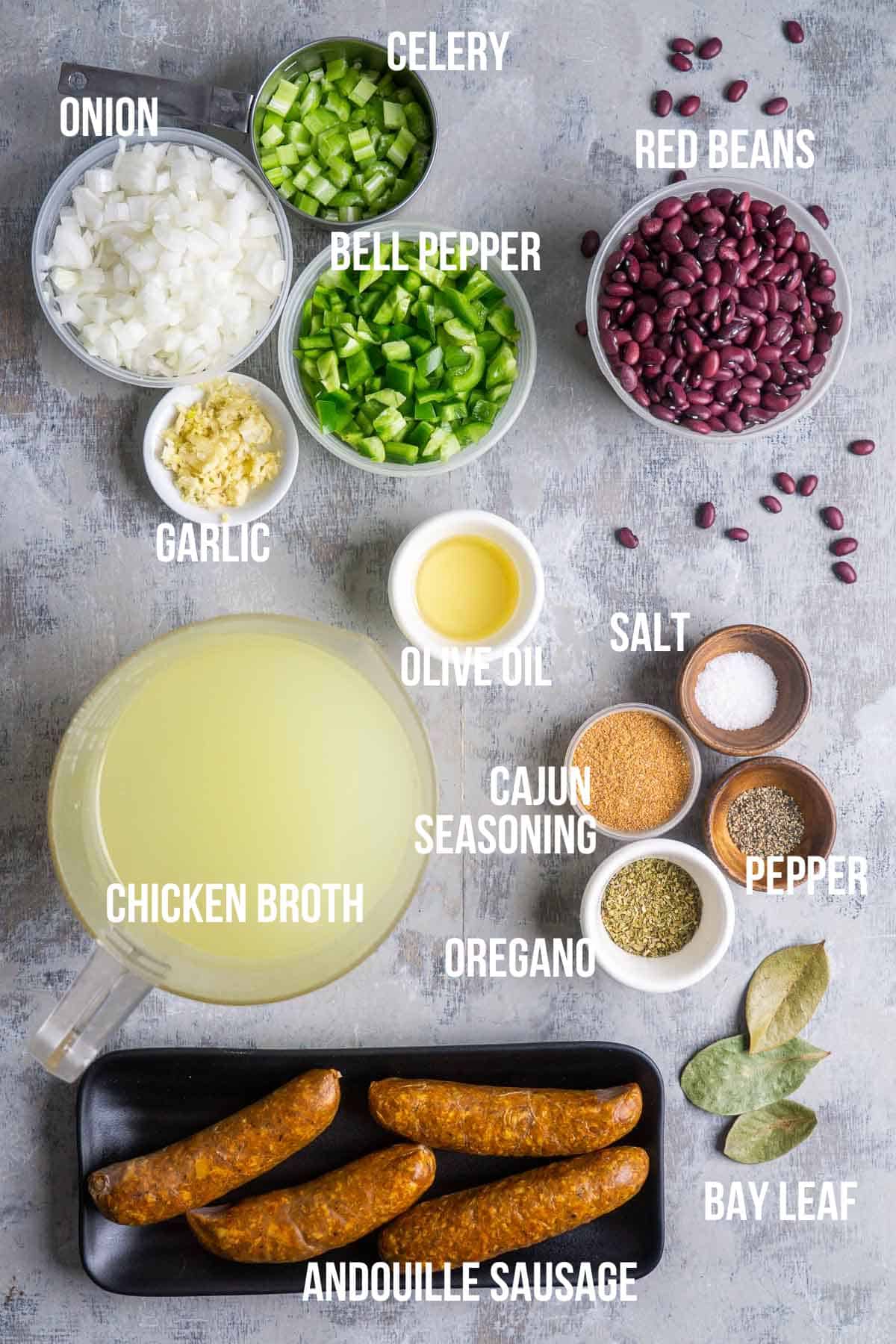 ingredients for Instant Pot red beans and rice in bowls labeled