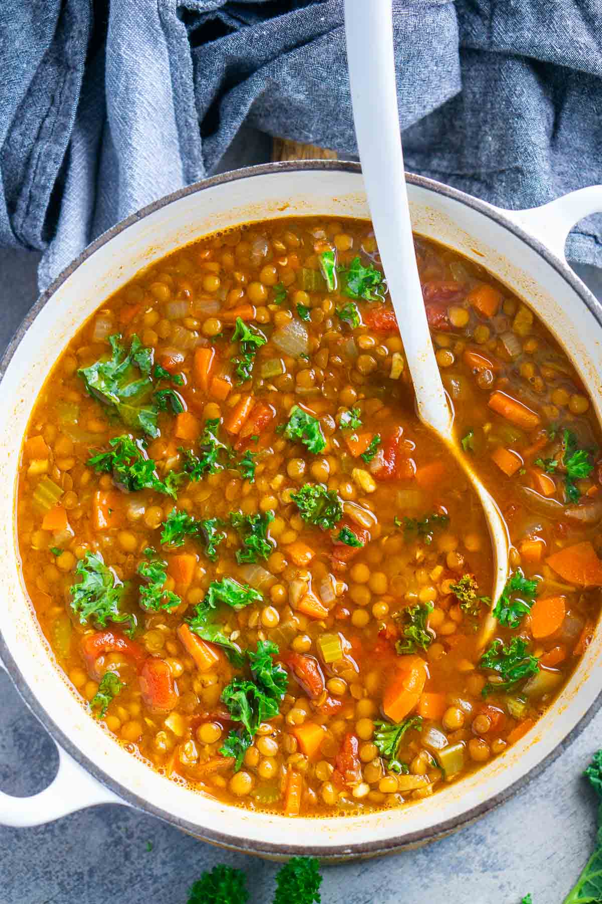 A white pot of Italian lentil soup with lentils, carrots, tomatoes, and kale, with a white ladle stirring the ingredients.