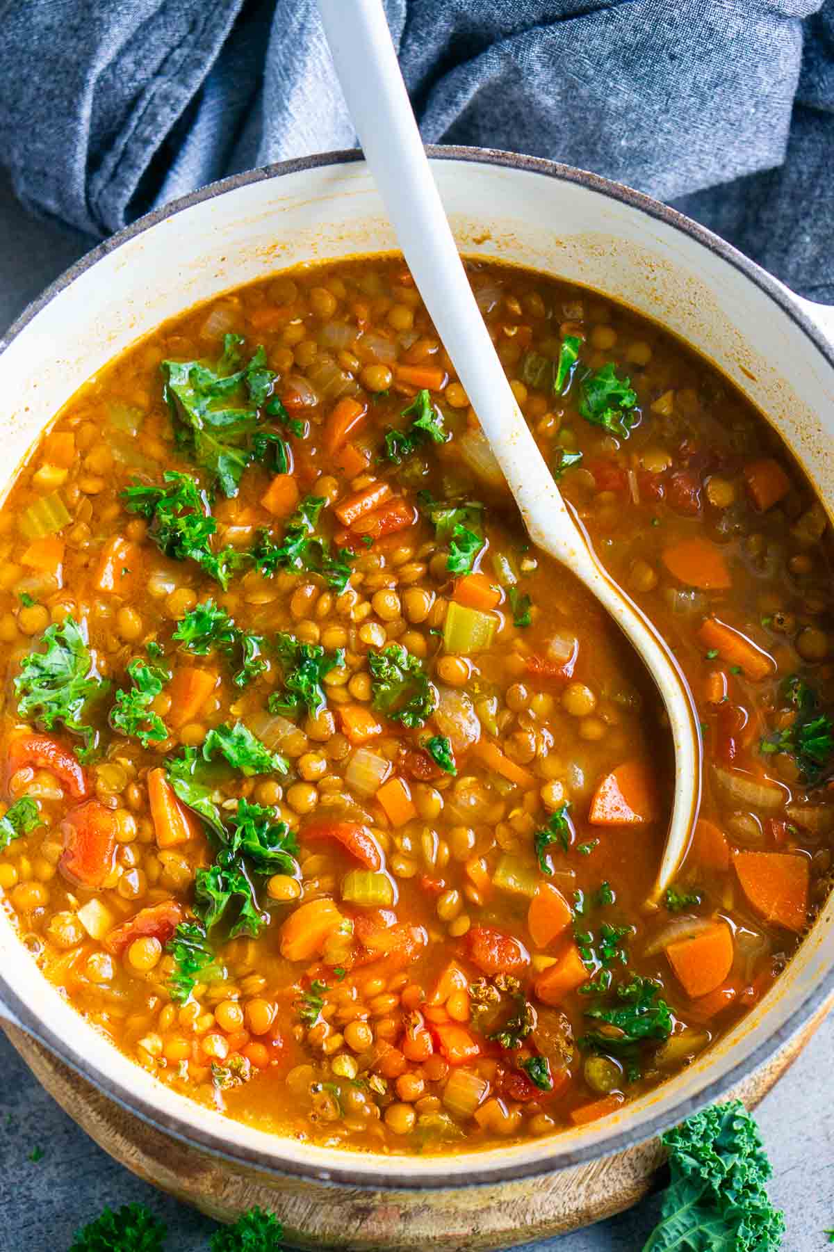 A white pot of Italian lentil soup with lentils, carrots, tomatoes, and kale, with a white ladle stirring the ingredients.