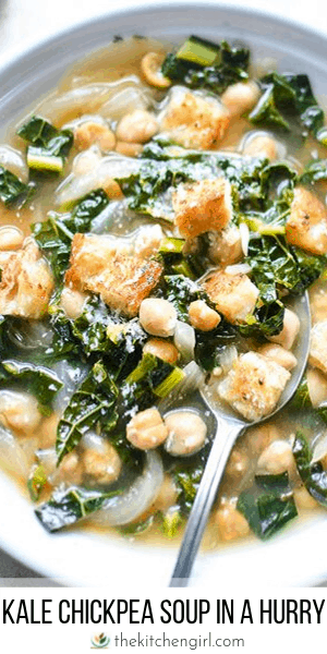 (top) kale chickpea soup in white bowl with spoon (bottom) title text