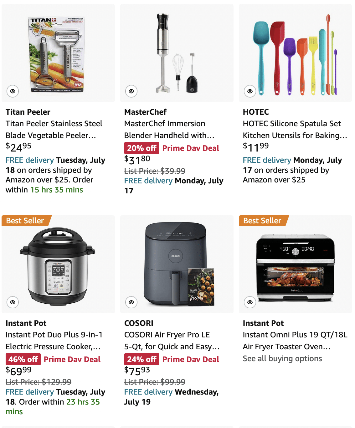 screenshot of kitchen tools storefront with prices