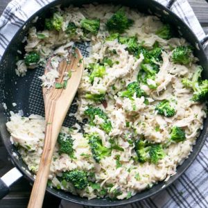 Healthy, one pan dinner in 30! Lightened up comfort food for any season. One Pot Chicken and Broccoli Rice. No cheese, but so creamy! thekitchengirl.com #skilletmeal #onepotmeal #30minutemeal #chickenandrice #broccoli #glutenfree