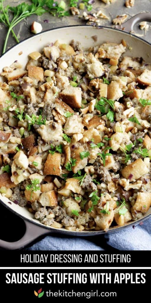 (top) sausage stuffing in skillet with scattered parsley and walnuts (bottom) title text