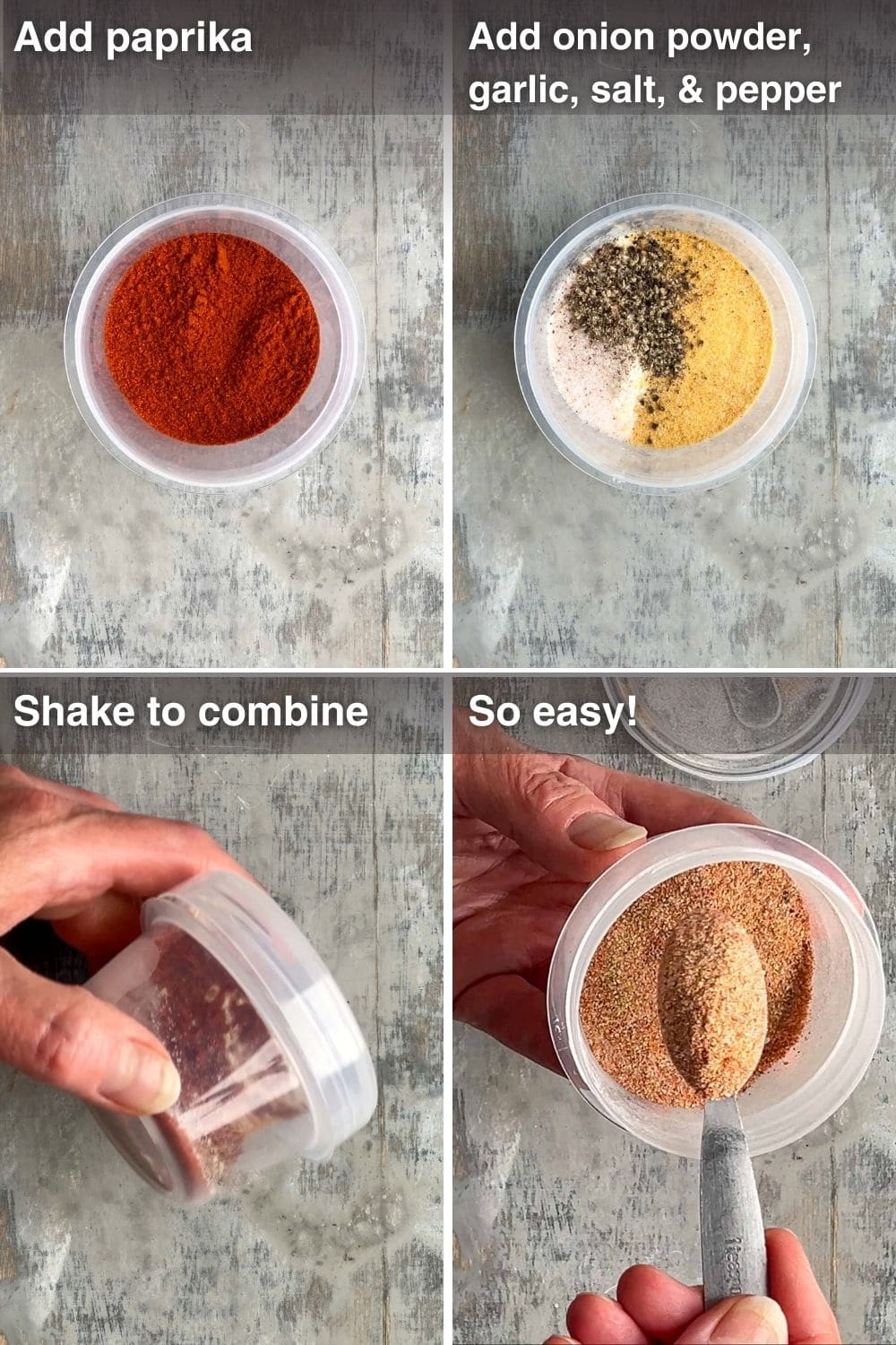 Four-step guide showing how to make a spice mix for baked chicken legs: add paprika, onion powder, garlic, salt, and pepper to a container, shake to combine, and scoop out the blended seasoning.