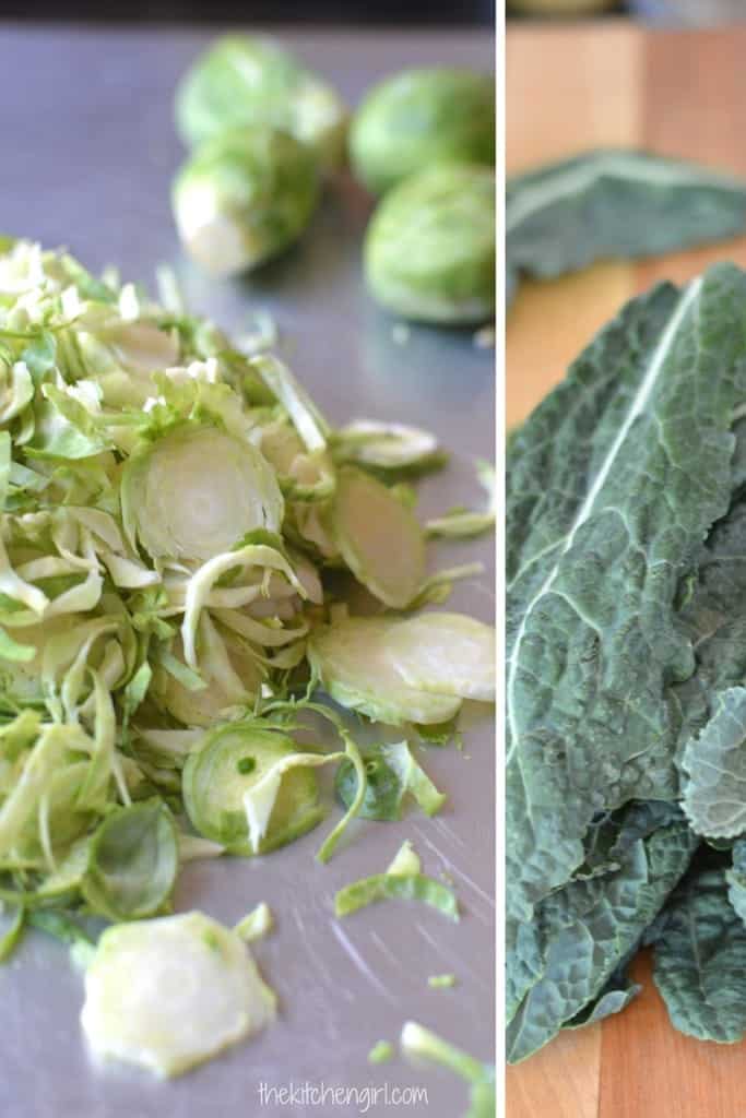 Thinly sliced brussels sprouts on the left, fresh kale leaves on the right.
