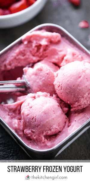 (top) Frozen strawberry yogurt in stainless square container with 3 scoops yogurt and one scoop inside ice cream scoop on gray wood background (bottom) title text
