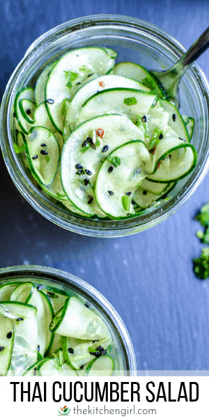 (top) Thai cucumber salad in mason jar with fork on black background (bottom) title text