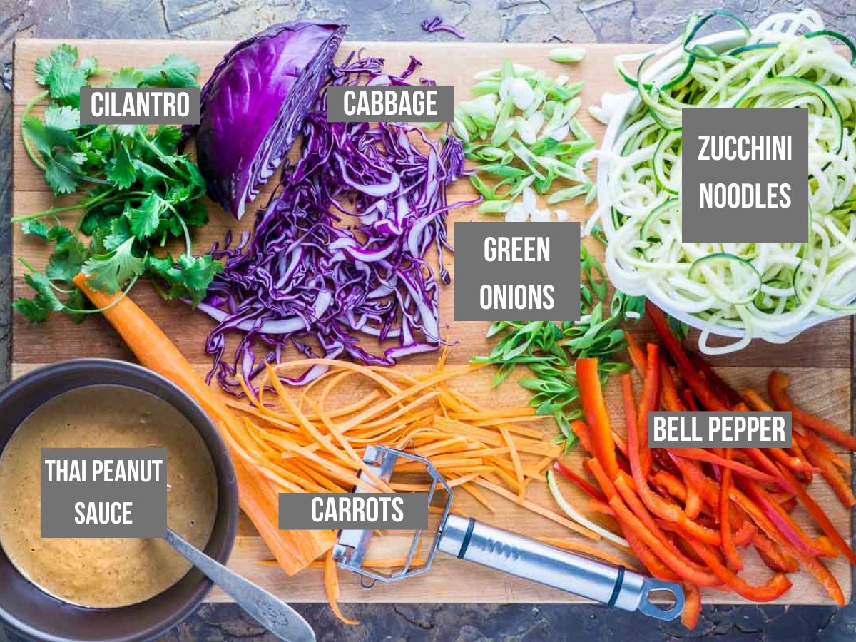 labeled ingredients for Thai zoodles on cutting board