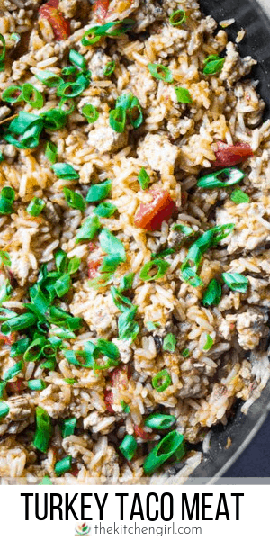 (top) turkey taco meat and rice in skillet with tomatoes and green onions (bottom) title text