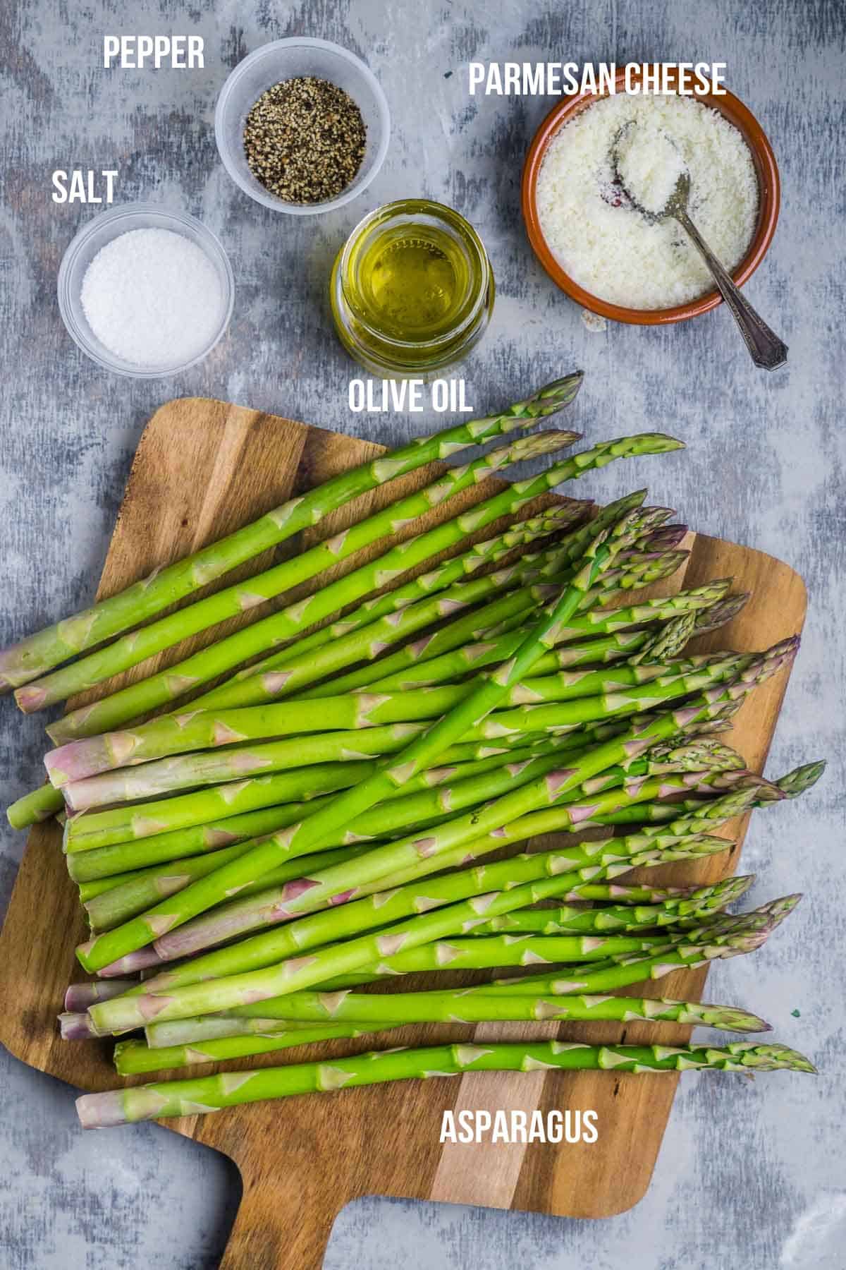 air fryer asparagus ingredients are labeled and ready to prepare.