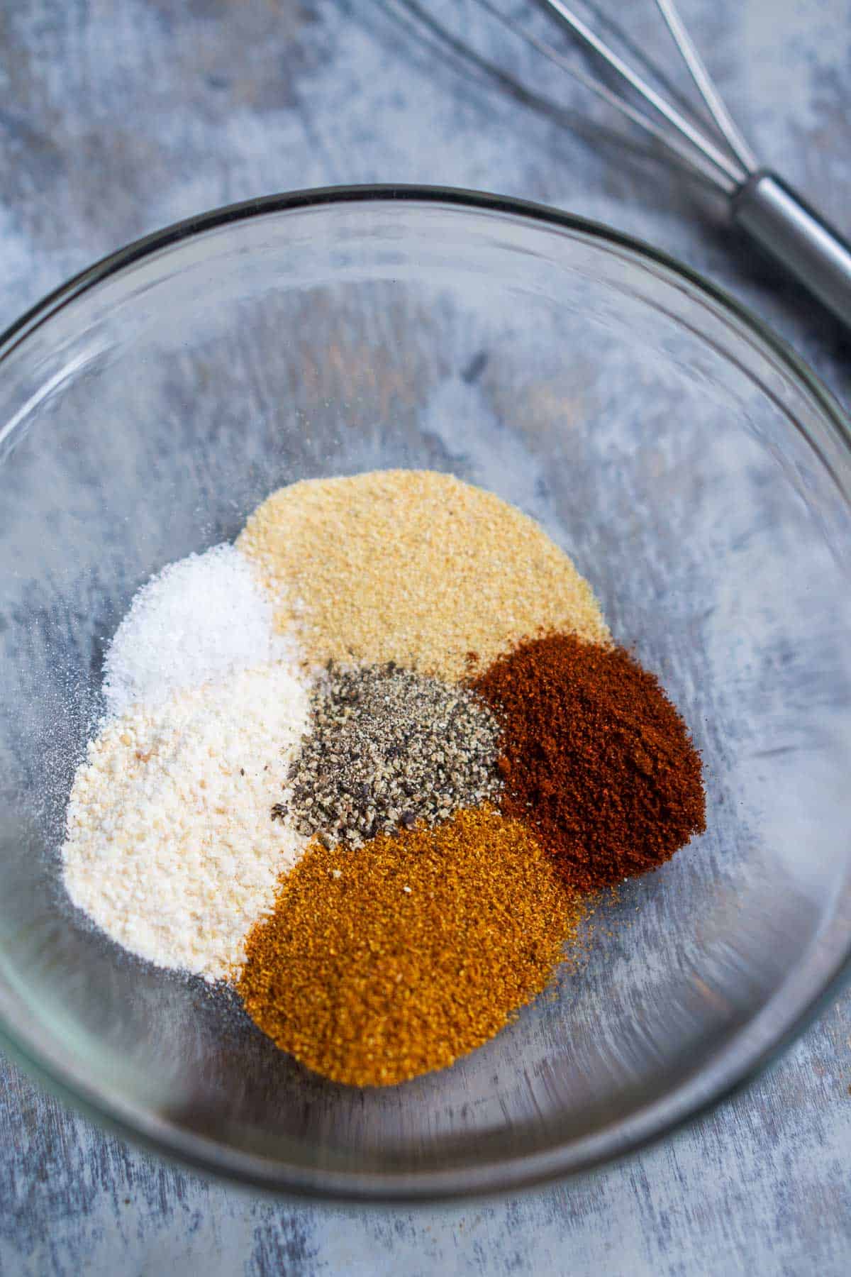 unmixed chicken seasoning spices in glass bowl