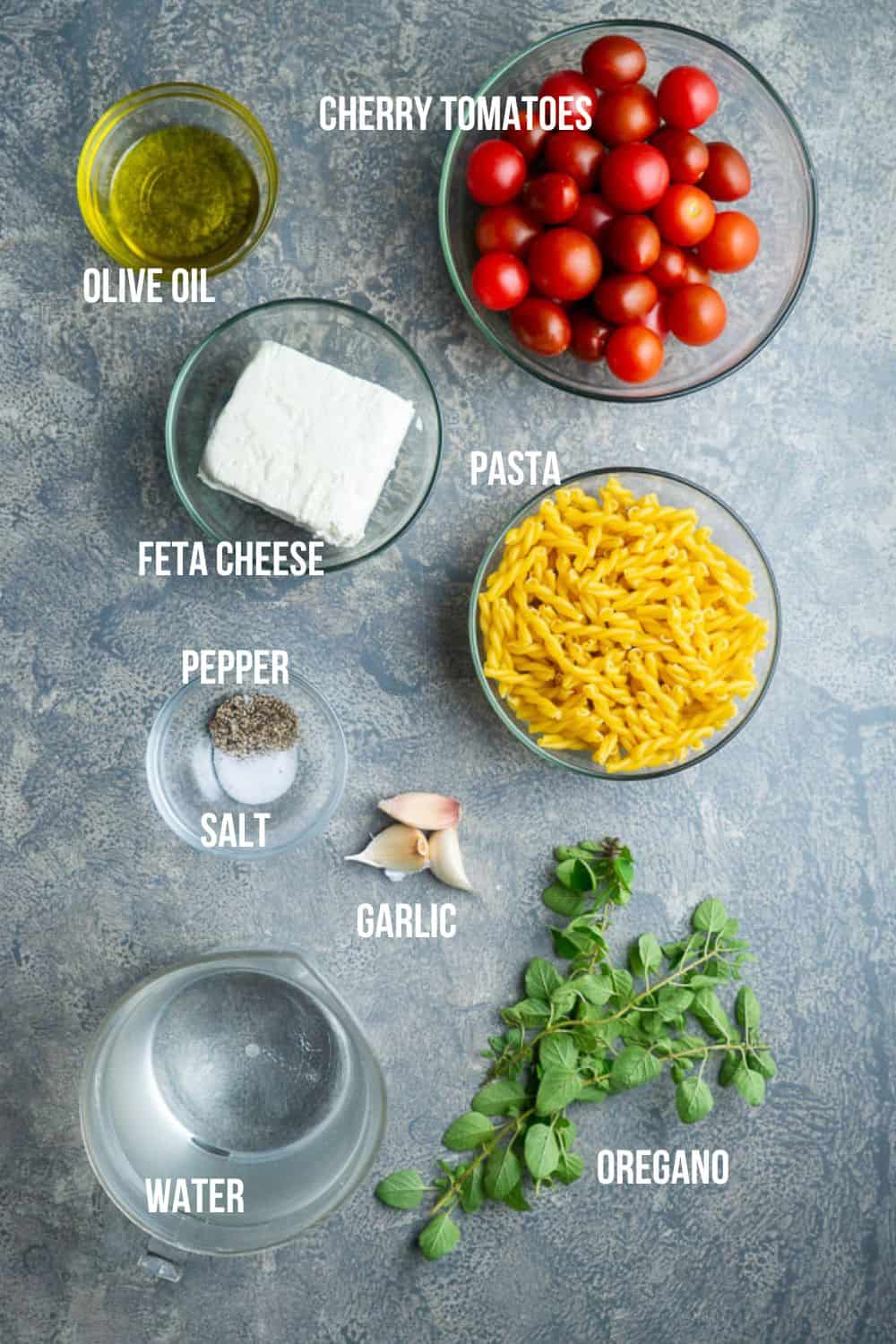 ingredients for tiktok pasta measured into glass bowls and labeled