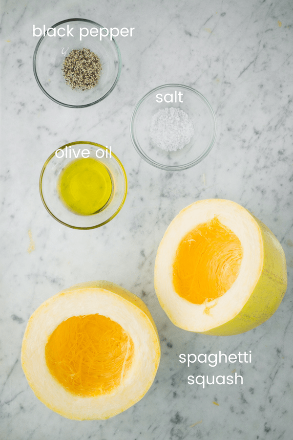 baked spaghetti squash ingredients in glass bowls with text overlay