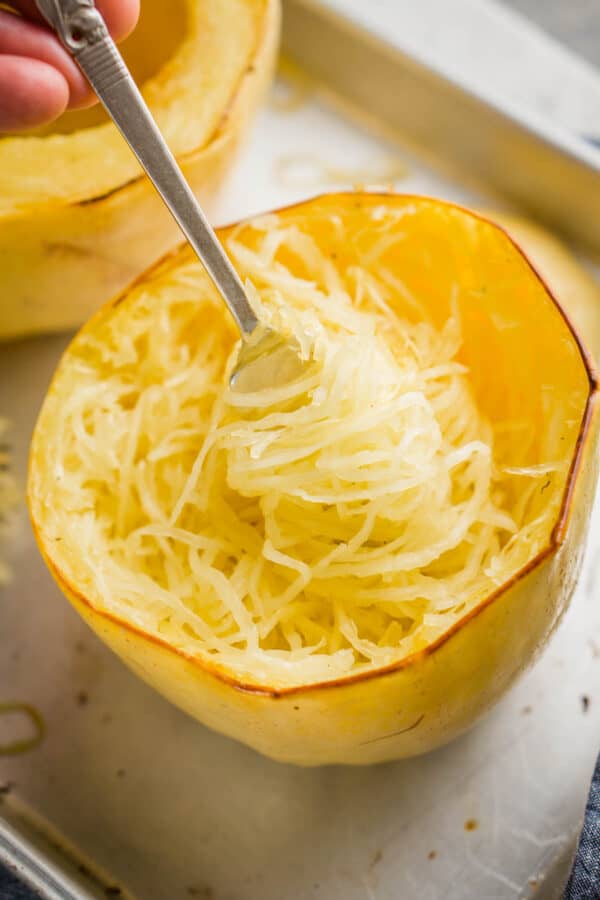 fork twisting up roasted spaghetti squash strands
