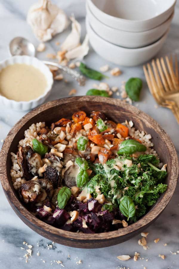 ingredients for Healthy Winter Vegetable Bowls in white bowls
