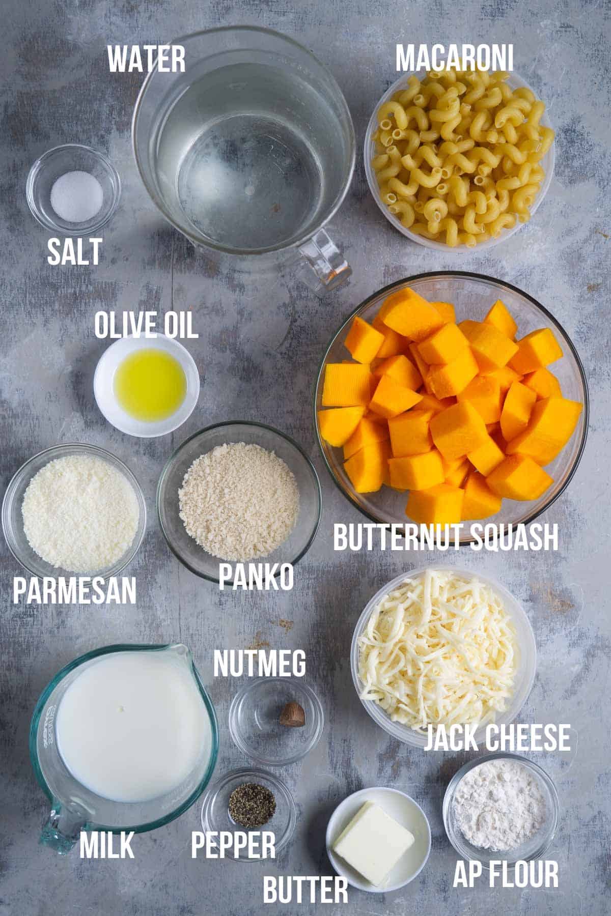 butternut squash mac and cheese ingredients in small bowls labeled