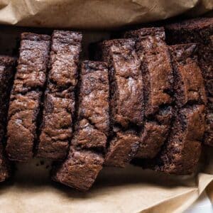 chocolate banana bread in brown paper