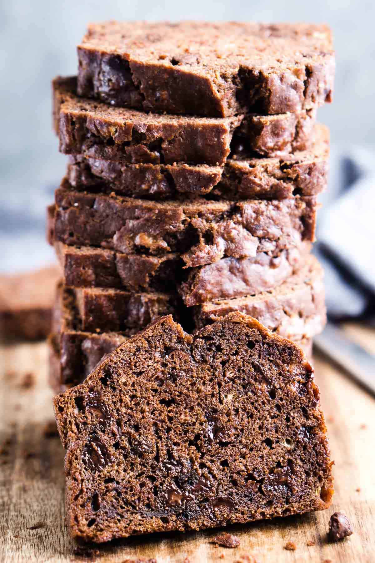 chocolate banana bread sliced and stacked