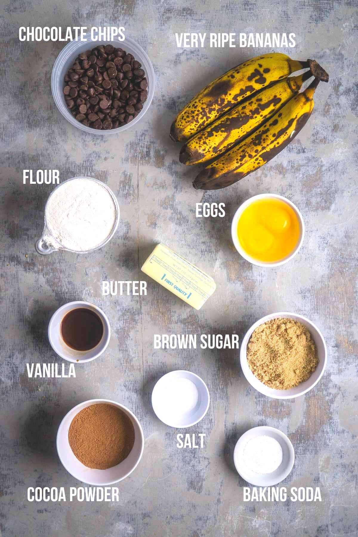 chocolate banana bread ingredients measured and labled
