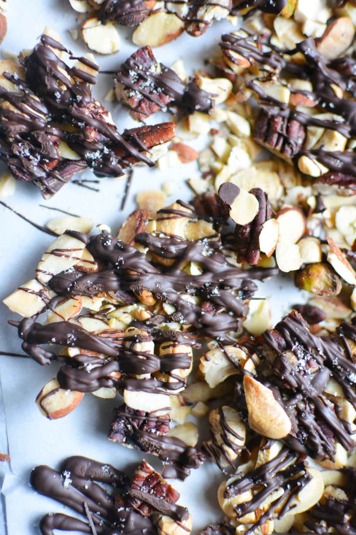clusters of chocolate covered nuts on parchment paper