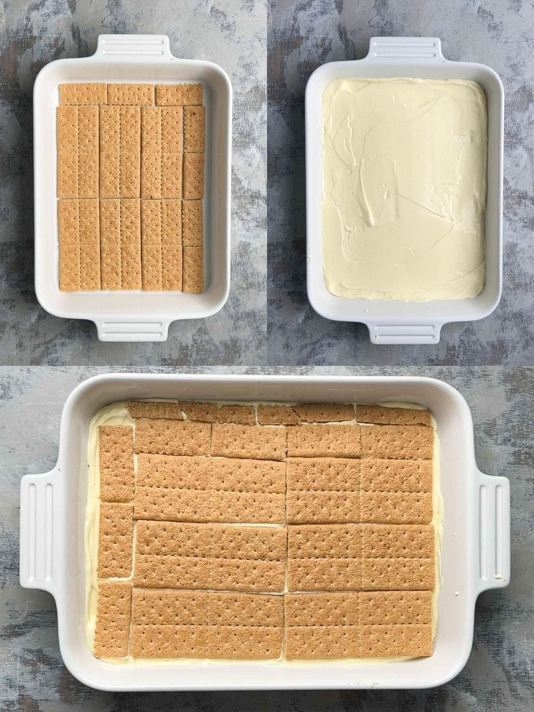 Three steps show a white baking dish: first with a layer of graham crackers, then a layer of eclair cake filling, and finally another layer of graham crackers on top.