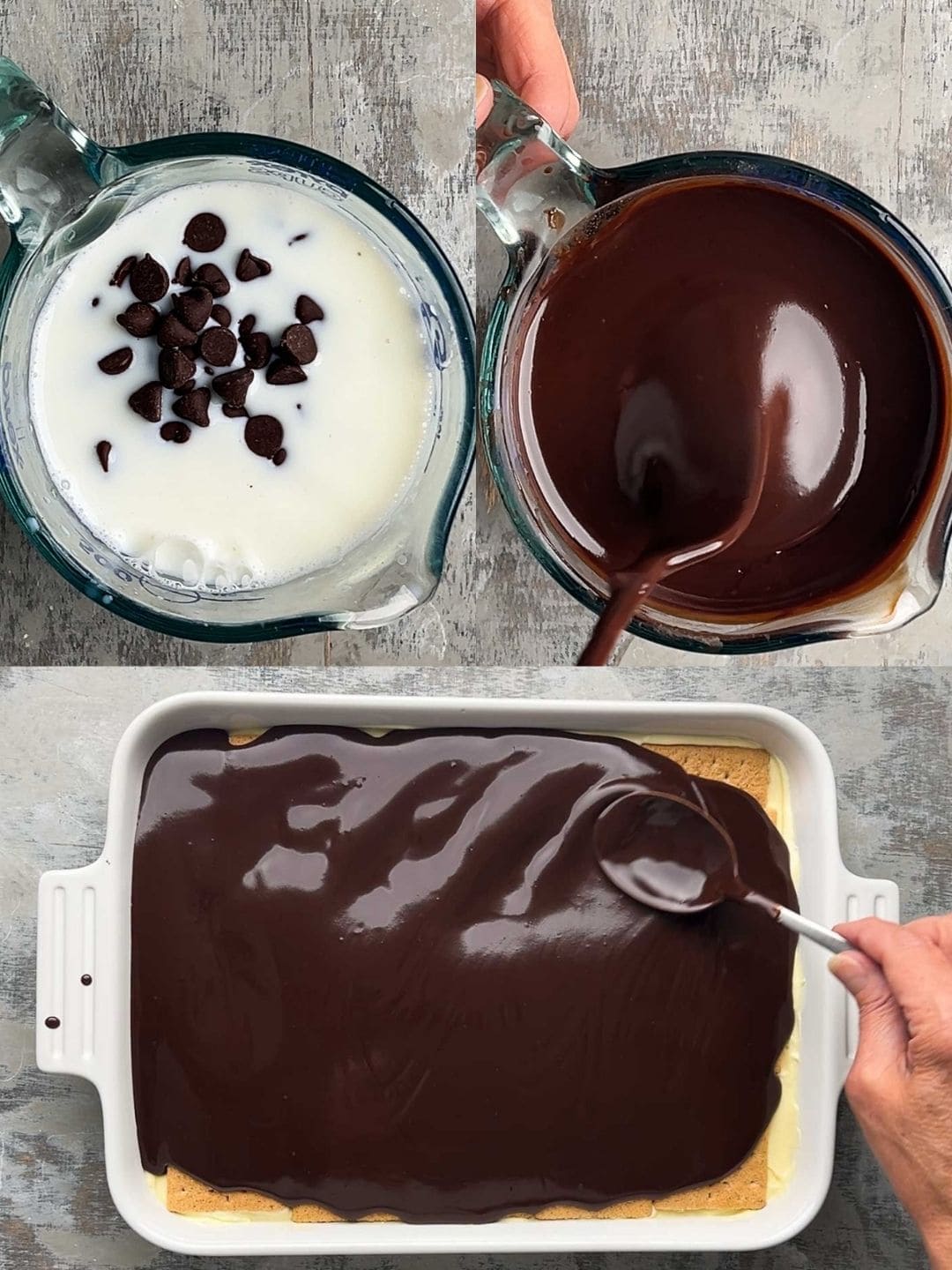 A step-by-step process of making chocolate topping: mixing chocolate chips with milk, stirring to melt, and spreading the mixture over a chocolate eclair cake in a baking dish.