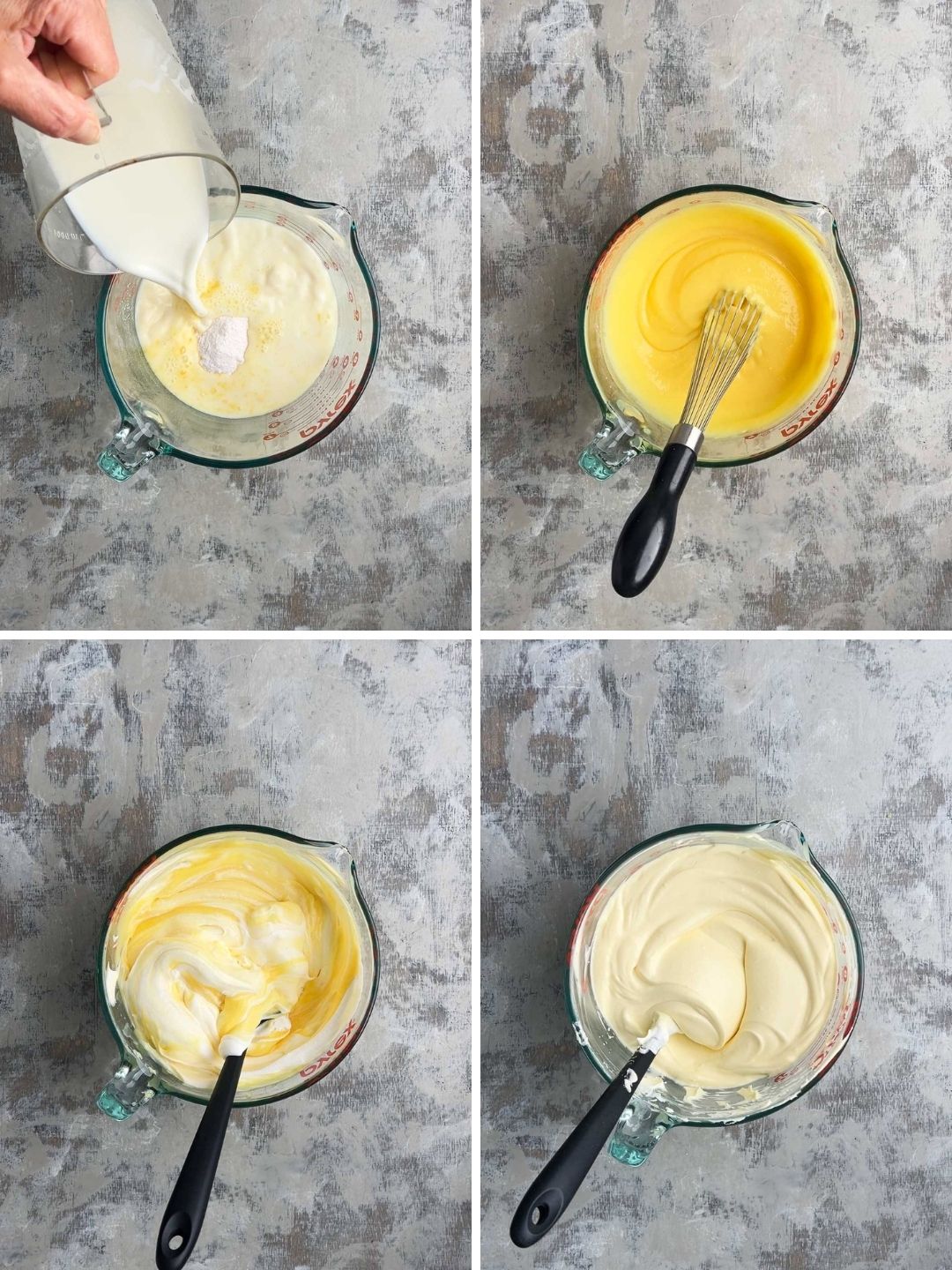Four-step process showing milk being poured into a bowl with pudding ingredients, then whisked, followed by mixing in whipped topping, and ending with a smooth, creamy mixture.