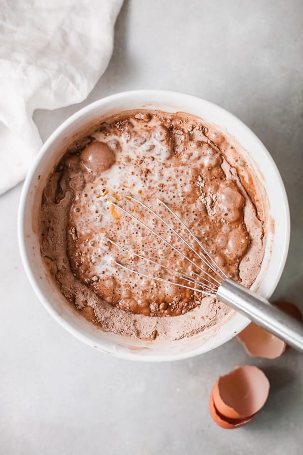 chocolate pancake recipe mixed in bowl