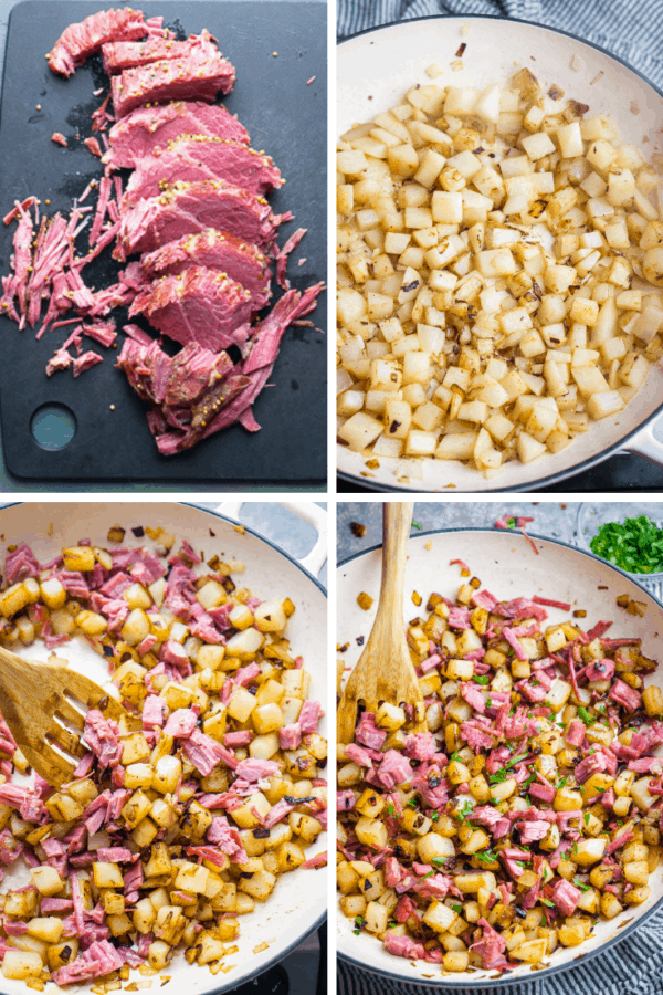 step by step image collage of corned beef hash being made in white skillet