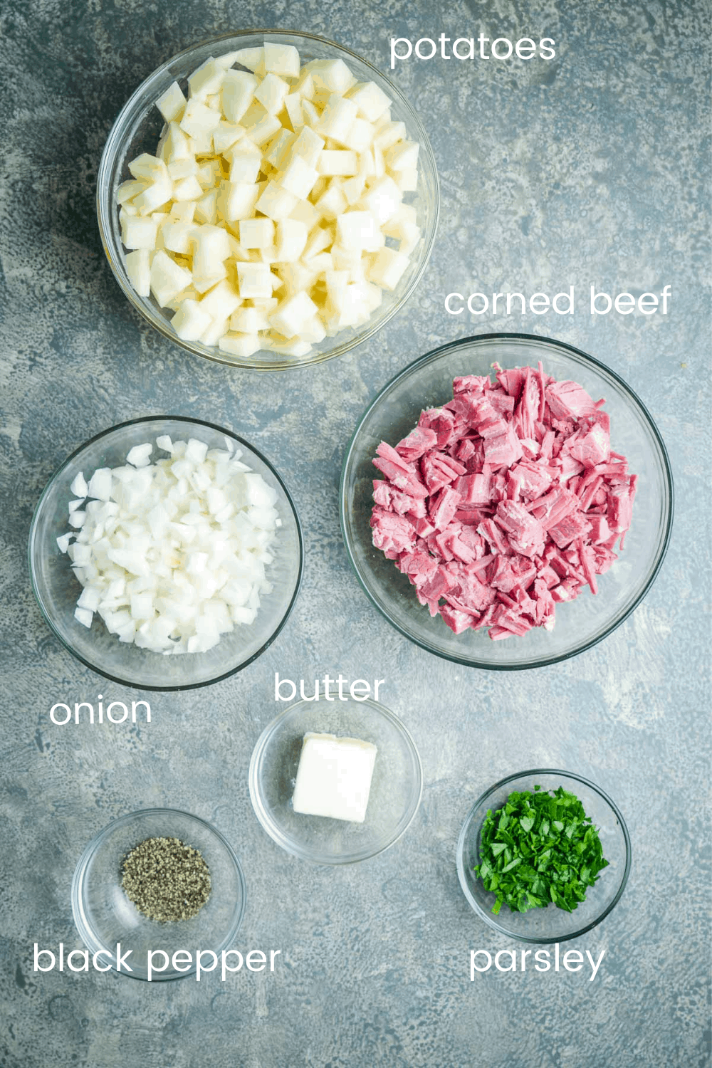 corned beef has ingredients in glass bowls with text overlay