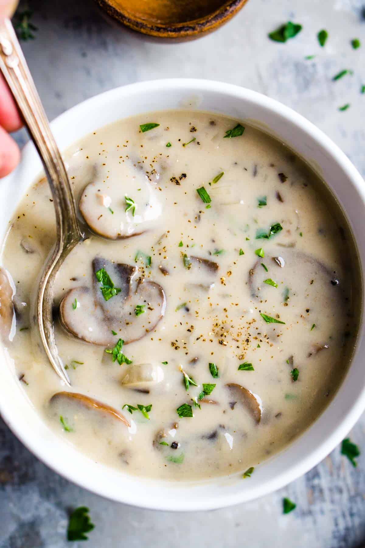 cream of mushroom soup in white bowl with soup spoon