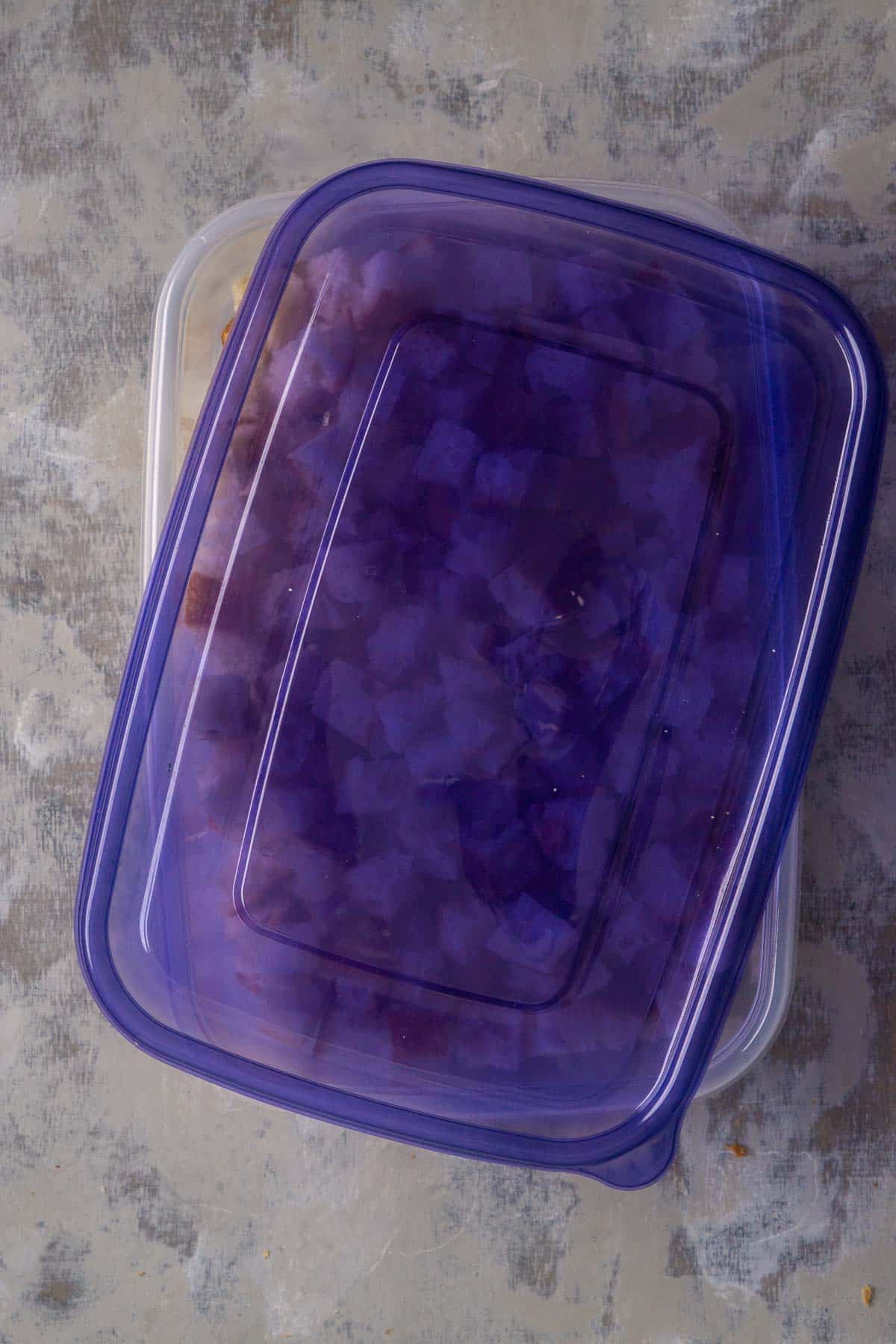 bread cubes in plastic storage container with loose-fitting lid