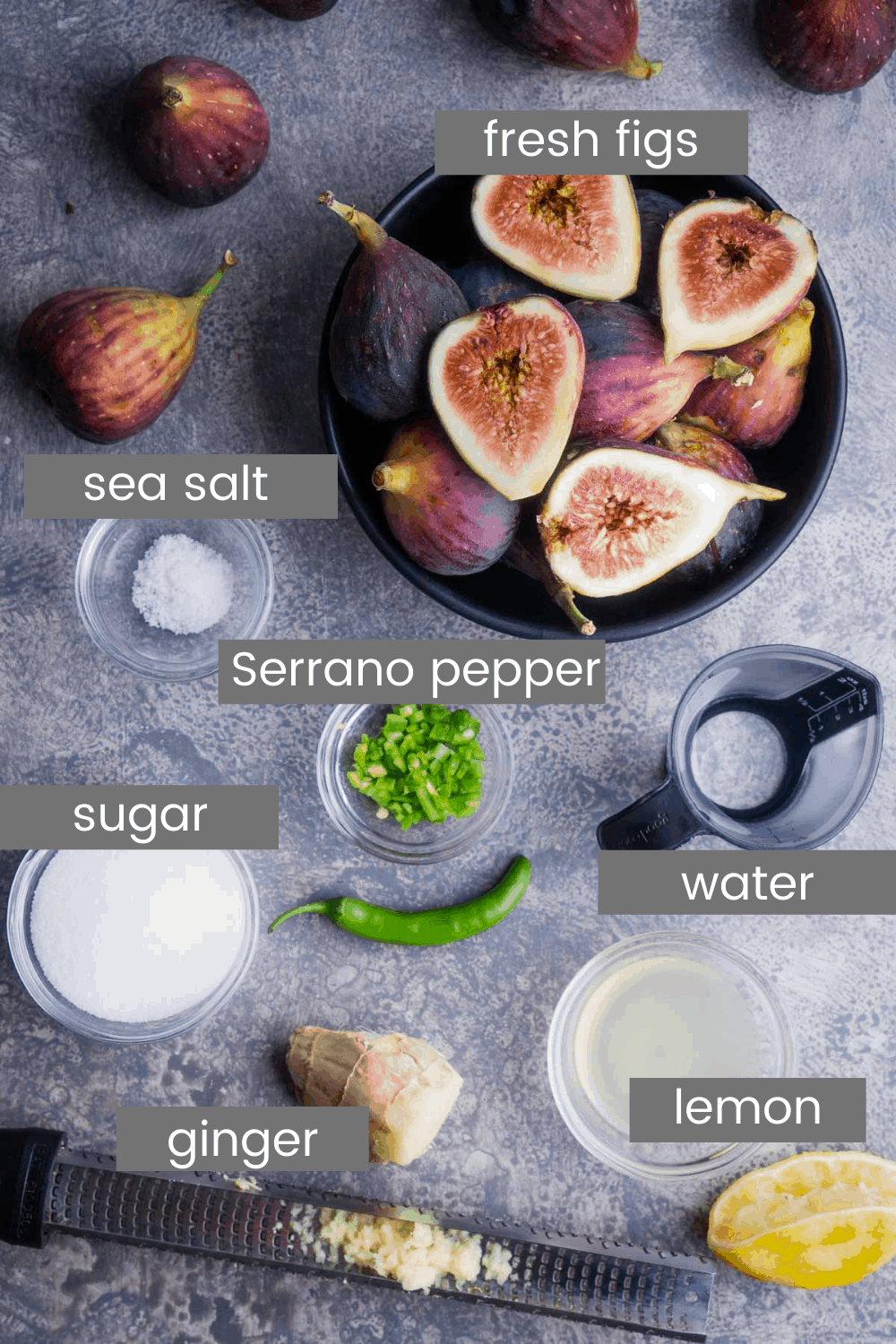 fig jam recipe ingredients in glass bowls with text overlay