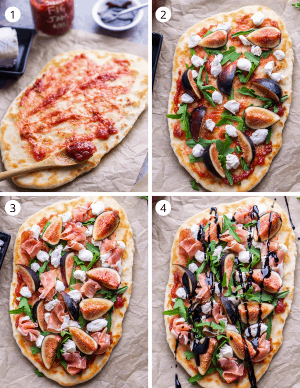 Step by step process of how to make fig prosciutto flatbread pizza