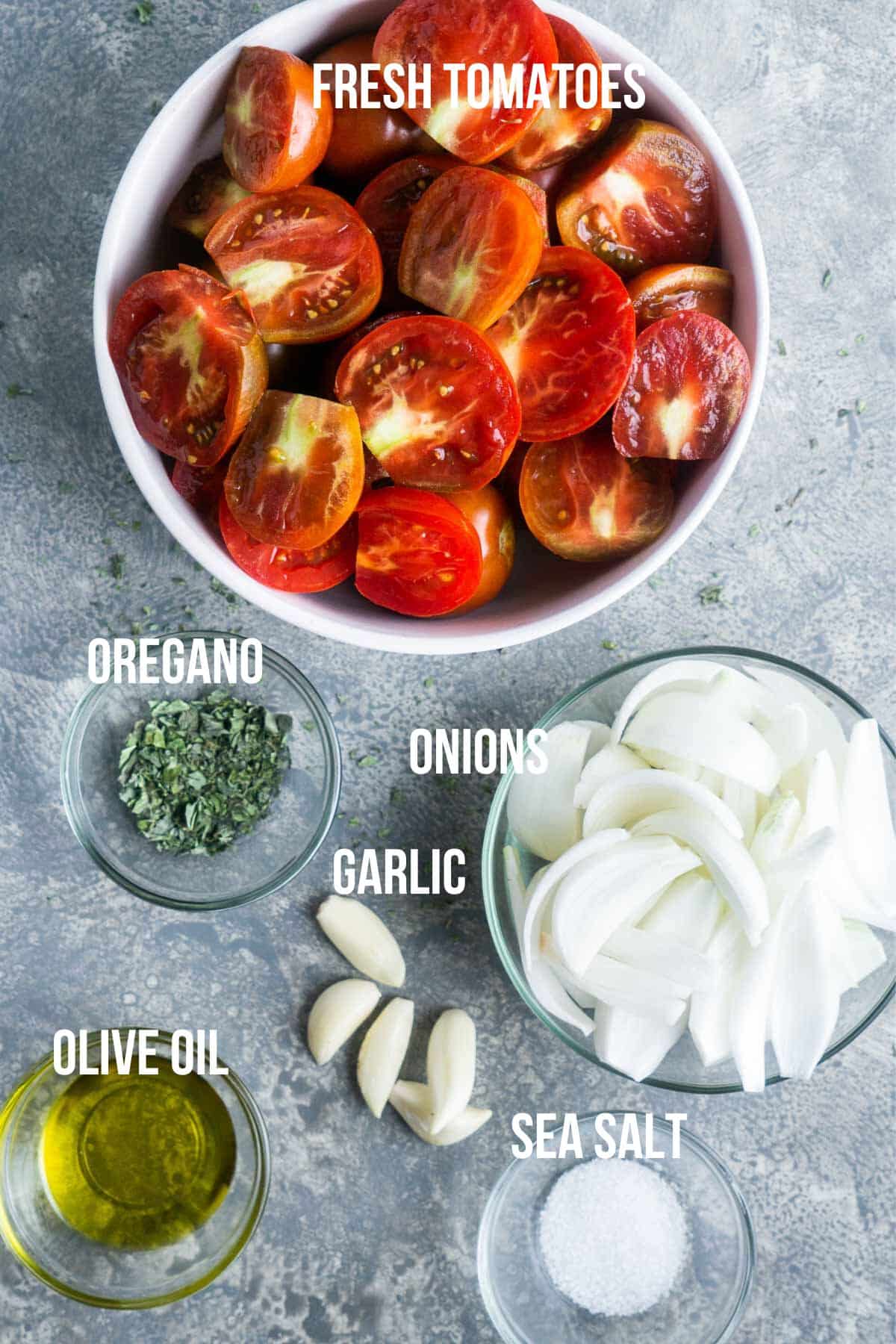 tomato soup ingredients in glass bowls with text overlay