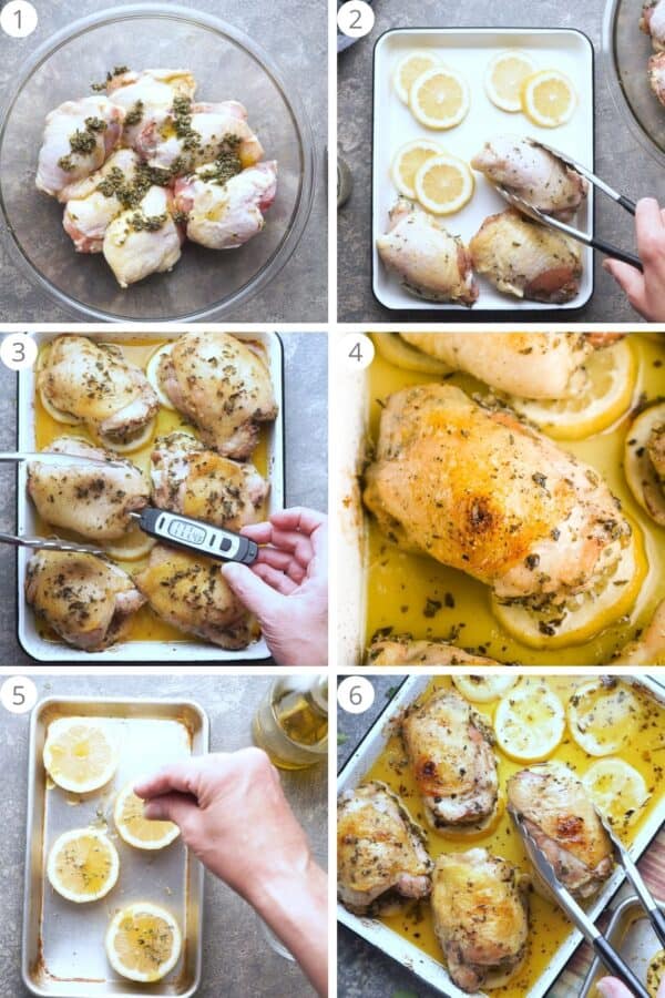 6 image collage of Greek chicken thighs being made